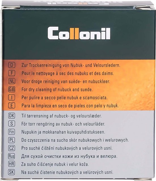 Collonil doos met meertalige beschrijving voor het reinigen van suède en nubuck.