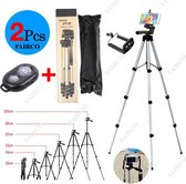 2Pcs Camerastatief, Smartphone Tripod Voor Fotocamera en Smartphone - iPhone - Canon – Nikon - Spiegelreflexcamera Inclusief Bluetooth Remote Shutter en Waterpas, 108Cm Zilver - Fairco