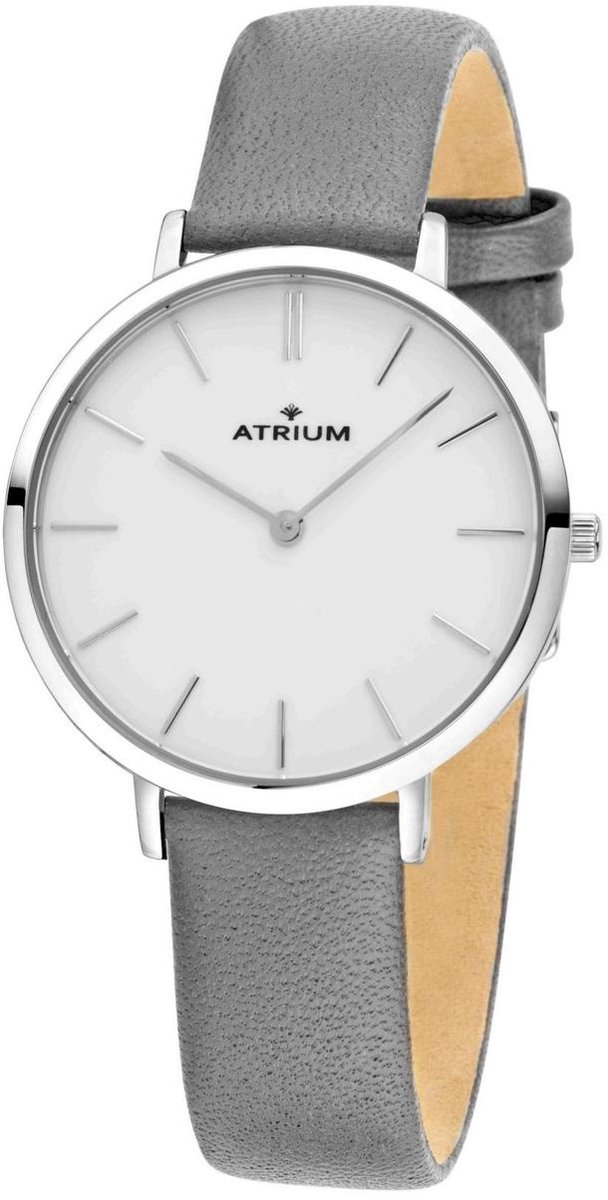 ATRIUM Horloge - Dames - Zilver- Wit - Analoog - 5 bar Waterdicht - Grijs Leer - Quartz uurwerk - Edelstalen Sluiting - A28-101