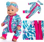 Poppenkleertjes - Geschikt voor Baby Born - Jumpsuit met haarband - Bloemen - Blauw en roze