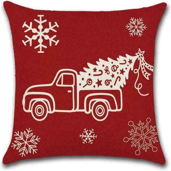 Sierkussen Kerst - Sneeuwvlok & Auto - Sierkussen - Kerst - 45x45 cm - Sierkussen - Polyester