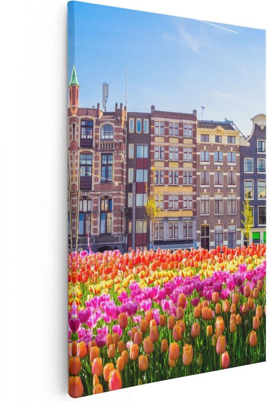 Artaza Canvas Schilderij Amsterdamse Huisjes Met Tulpen - Kleur - 60x90 - Foto Op Canvas - Canvas Print