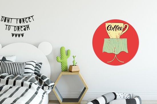 Illustration de Café vintage sur fond rouge Cercle mural aluminium - ⌀ 60 cm - peinture ronde - tirage photo sur aluminium / dibond / cercle mural / cercle vivant / cercle jardin (décoration murale)