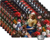 Placemat - Placemats kunststof - Melkmeisje - Johannes Vermeer - Bloemen - Kleuren - 45x30 cm - 6 stuks - Hittebestendig - Anti-Slip - Onderlegger - Afneembaar