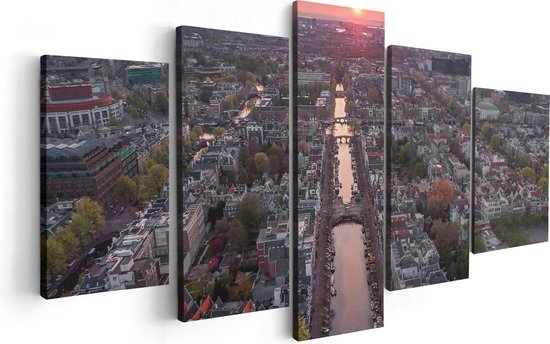 Artaza Canvas Schilderij Vijfluik Bovenaanzicht Amsterdam Met Zonsondergang - 100x50 - Foto Op Canvas - Canvas Print