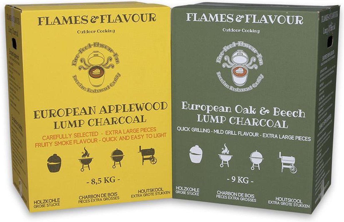 Aanbieding Europees Appelhoutskool en Europees Eiken & Beuken van Flames & Flavour voor kamado's