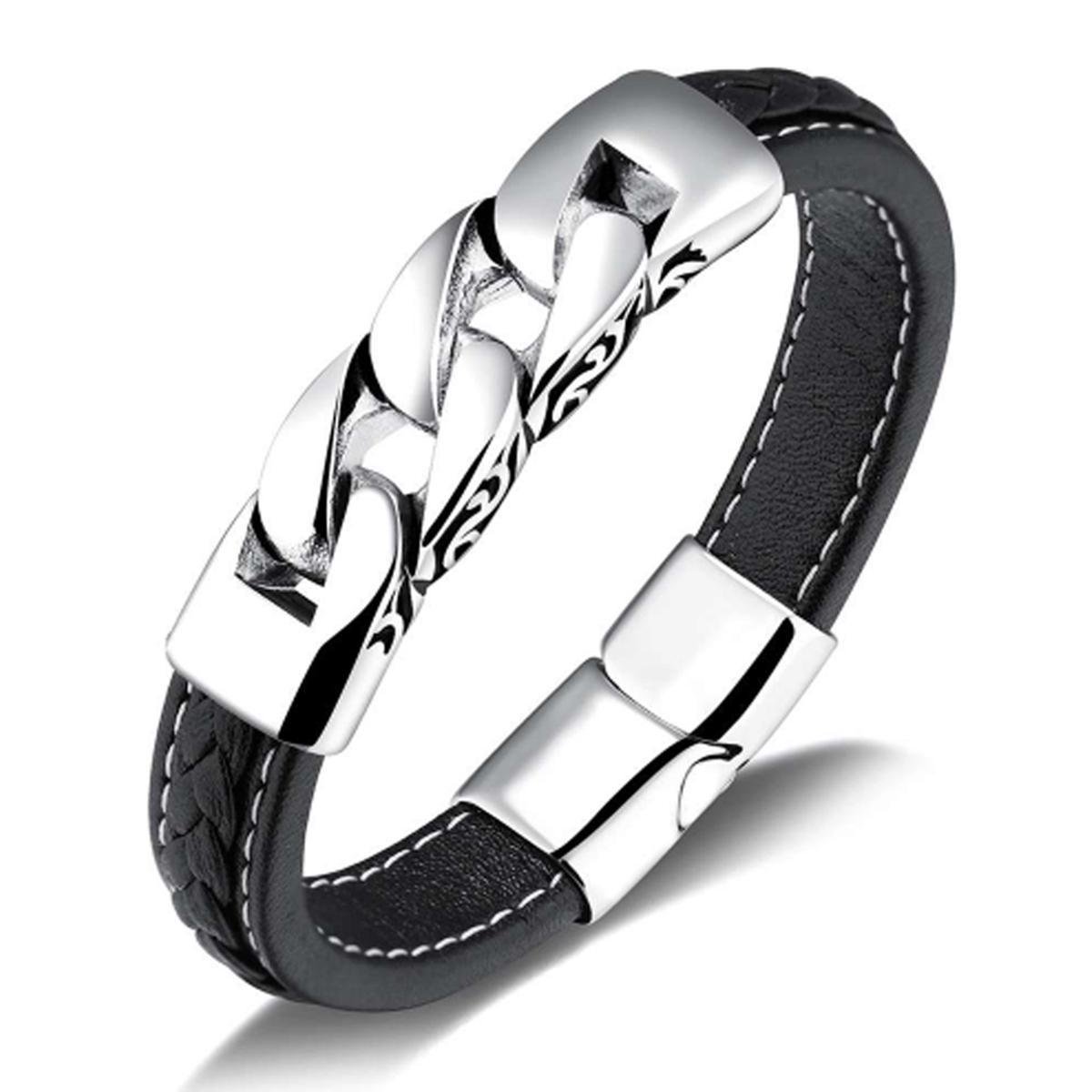 Victorious Leren Armband Heren – RVS Roestvrijstaal Sluiting – Zwart – 20.5cm