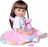 Reborn baby pop 'Elise' - 55 cm - Meisje met lang bruin haar - Roze outfit, fles en speen - Full body silicone - Levensechte babypop - Waterproof