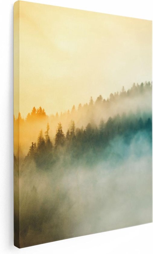 Artaza Canvas Schilderij Kleurrijke Zonsopgang In Het Bos Met Mist - 60x80 - Foto Op Canvas - Canvas Print