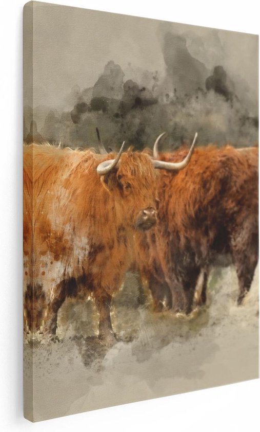 Artaza Canvas Schilderij Twee Schotse Hooglander Koeien - Abstract - 60x80 - Foto Op Canvas - Canvas Print