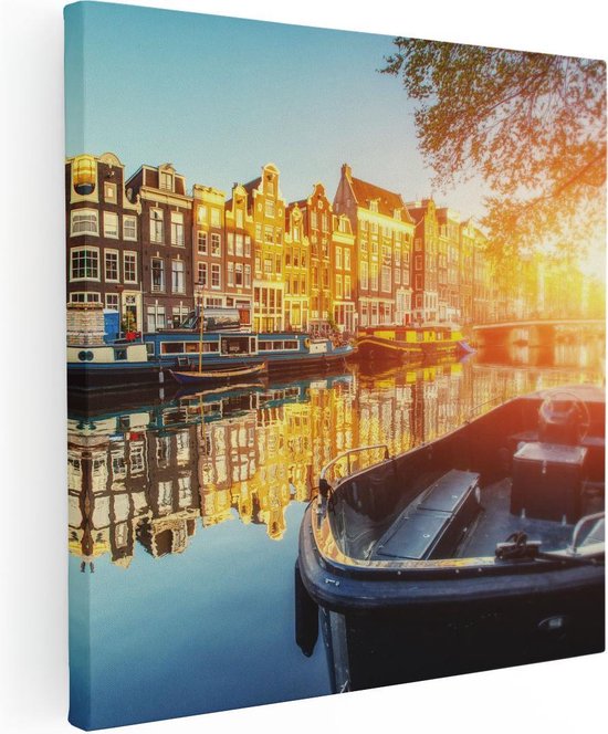 Artaza Canvas Schilderij Amsterdamse Brug - Gracht - Met Bloemen - 80x80 - Groot - Foto Op Canvas - Canvas Print