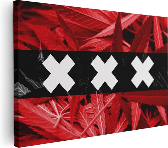 Artaza Canvas Schilderij Amsterdamse Vlag Met Cannabis Achtergrond - 120x80 - Groot - Foto Op Canvas - Wanddecoratie Woonkamer