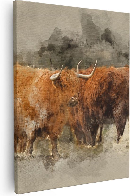 Artaza Canvas Schilderij Twee Schotse Hooglander Koeien - Abstract - 80x100 - Groot - Foto Op Canvas - Canvas Print
