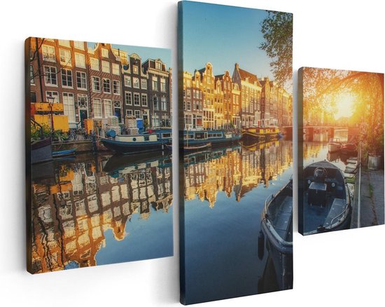 Artaza Canvas Schilderij Drieluik Amsterdamse Gracht Bij Zonsondergang - 90x60 - Foto Op Canvas - Canvas Print