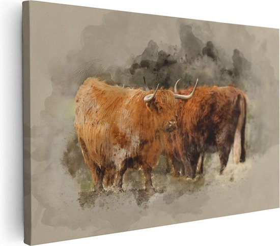 Een canvas schilderij van twee bruine Schotse hooglanders met grote hoorns, geschilderd in een abstracte stijl.