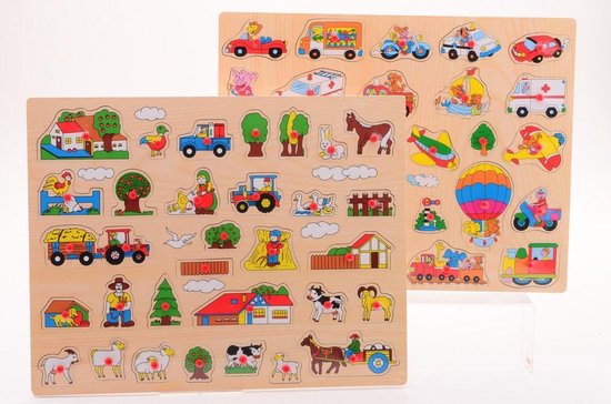 2 x Houten knopjespuzzel boerderij en voertuigen 45 x 35 cm