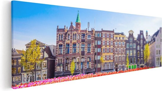 Artaza Canvas Schilderij Amsterdamse Huisjes Met Tulpen - Kleur - 90x30 - Foto Op Canvas - Canvas Print