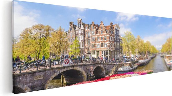 Artaza Canvas Schilderij Amsterdamse Huisjes Aan De Grachten  - 120x40 - Groot - Foto Op Canvas - Canvas Print