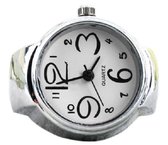 Ring horloge - rekbaar - zilverkleurig - wit - 2 cm dial - one size