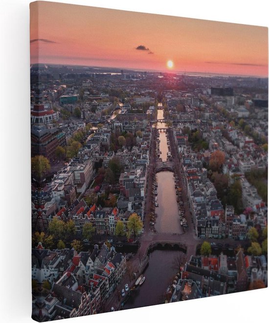 Artaza Canvas Schilderij Bovenaanzicht Amsterdam Met Zonsondergang - 50x50 - Foto Op Canvas - Canvas Print