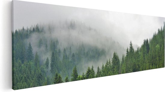 Artaza Canvas Schilderij Groen Bos Met Bomen Tijdens De Mist - 120x40 - Groot - Foto Op Canvas - Canvas Print