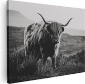 Artaza Canvas Schilderij Schotse Hooglander Koe - Zwart Wit - 80x60 - Foto Op Canvas - Canvas Print