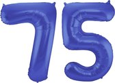 De Ballonnenkoning - Folieballon Cijfer 75 Blauw Metallic Mat - 86 cm