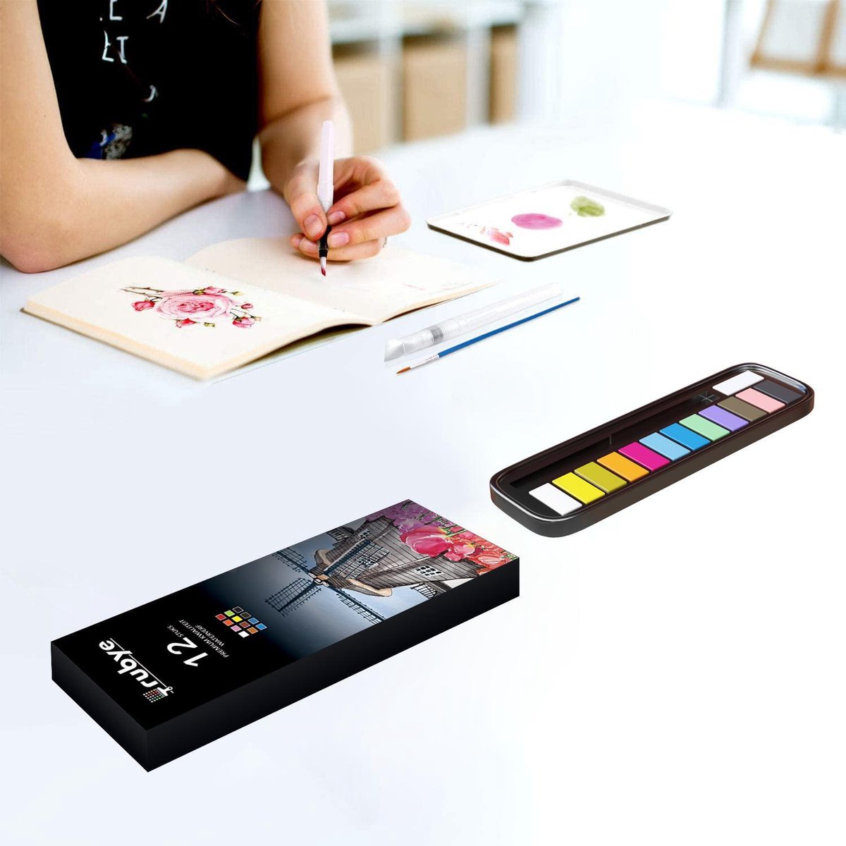 Rubye® Waterverf - Aquarelverf - Brush Pen - Penseel - Verven - Waterverf Volwassenen - Waterverf Kinderen - Schilderen op Nummer - 12 Kleuren — afbeelding 6
