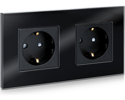 Navaris wandcontactdoos 2-voudig - Met aansluitmateriaal - Met beschermende glazen panelen - Dubbele contactdoos - Zwart