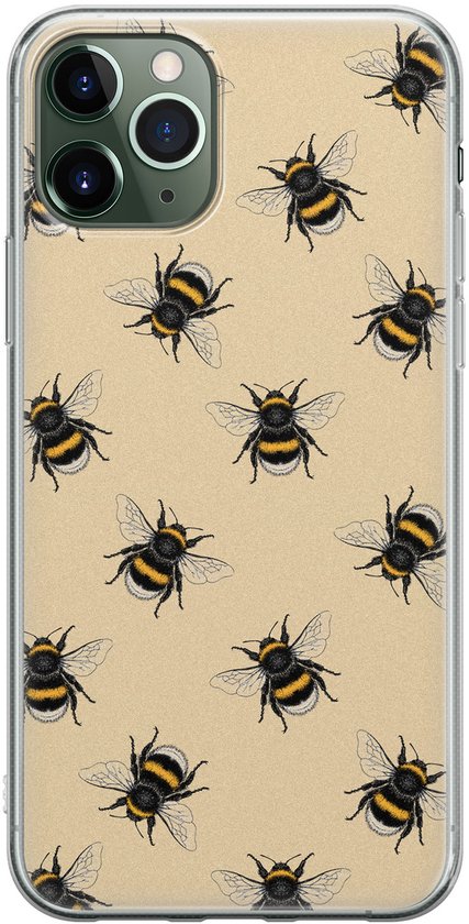 Coque de téléphone avec un imprimé d'abeilles jaunes sur fond beige.
