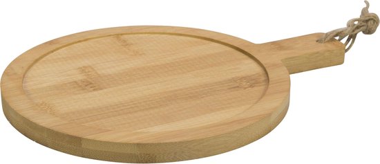 Ronde bamboe serveerplank met handvat en touwlus, 20cm.