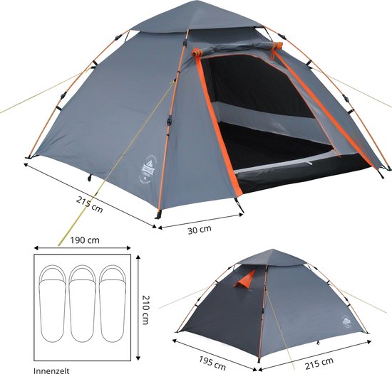 ECD Germany Campingzelt für 3 Personen 210x180x120 cm Khaki/Beige-Grau, Familienzelt leicht, wasserdicht & winddicht, Kuppelzelt mit verschließbarem Vorraum, Iglu-Zelt mit Lüftungshutzen & Moskitonetz