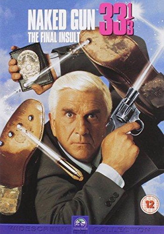Leslie Nielsen als Drebin in een pak, vasthoudend een pistool en politiedistrict badge, omringd door schoenzolen en een kogel.
