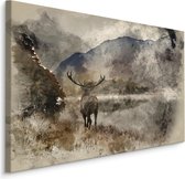 Schilderij - Hert met landschap (print op canvas), bruin, premium print