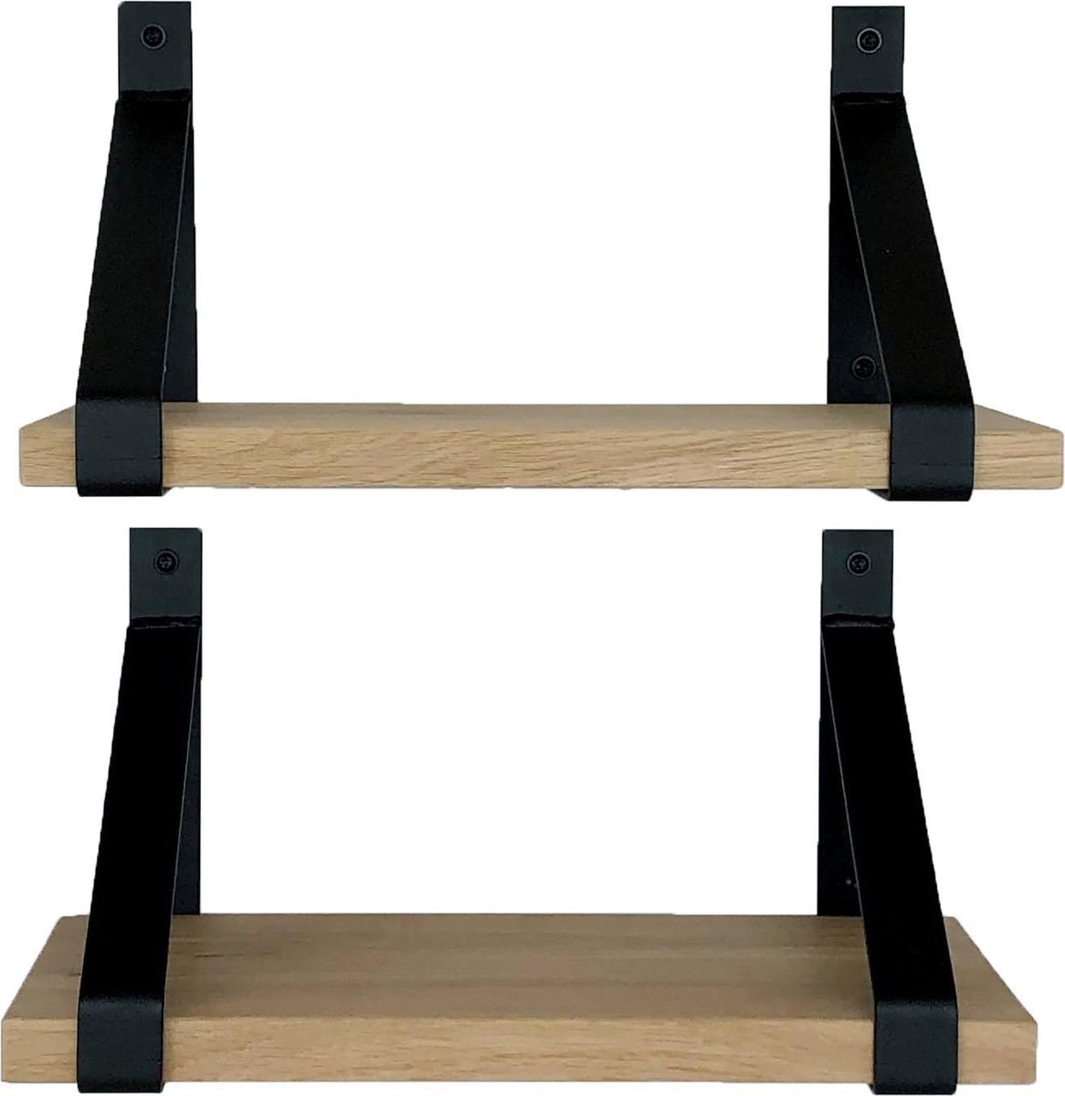 GoudmetHout Wandplank Set Industrieel - 50 x 20 cm Muurplank - Eiken Hout - Decoratie Wandrek & Boekenrek - Set van 2 Hangplanken Keuken - Wall Shelf + 2 Mat Zwarte Plankdragers van Staal
