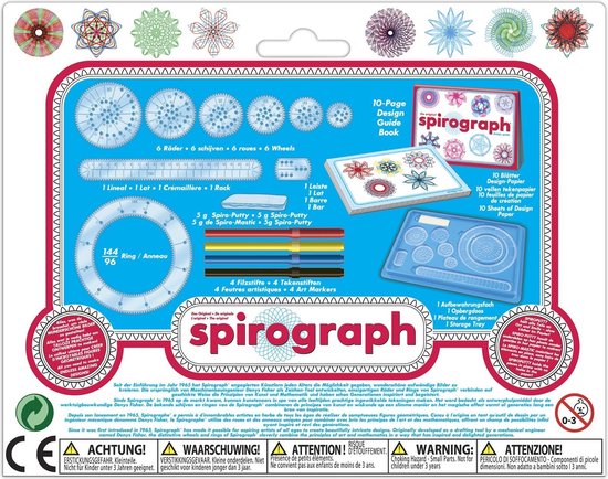 De verpakking van Spirograph toont diverse tandwielen, stiften en een handleiding met voorbeelden van patronen.