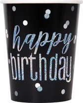 Unique Bekers Happy Birthday 25 Cl Karton Zwart/zilver 8 Stuks