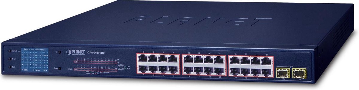 PLANET GSW-2620VHP netwerk-switch Unmanaged Gigabit Ethernet (10/100/1000) Power over Ethernet (PoE) 1U Blauw