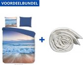 Luxe Zachte Dekbedovertrek Eenpersoons - 140x200/220cm - Inclusief 1 Kussensloop - 100% Versterkt Katoen - Blue Sea - Blauw + Wasbaar Microfiber Dekbed - 140x220cm - Wit