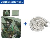 Luxe Zachte Dekbedovertrek Eenpersoons - 140x200/220cm - Inclusief 1 Kussensloop - 100% Versterkt Katoen - Danique Groen + Wasbaar Microfiber Dekbed - 140x220cm - Wit