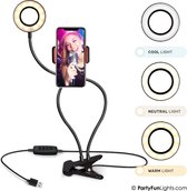 PartyFunLights - Selfie Ringlamp met flexibele klem - LED - met telefoonhouder - USB - diameter 9 cm