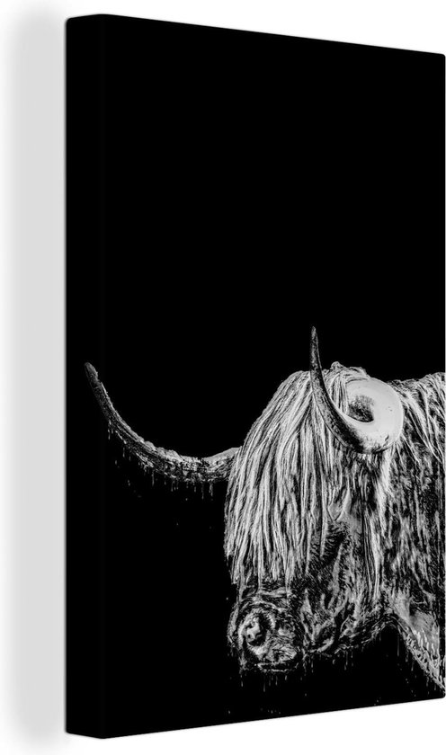 Canvas Schilderij Stoere schotse hooglander - zwart wit - 40x60 cm - Wanddecoratie