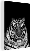 Canvas Schilderij Slaperige tijger op een zwarte achtergrond - zwart wit - 40x60 cm - Wanddecoratie