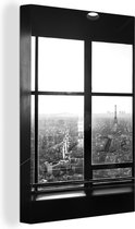 Canvas Schilderij Uitzicht op de Eiffeltoren en Parijs - zwart wit - 60x90 cm - Wanddecoratie