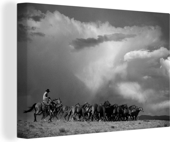 Canvas Schilderij Paarden - Cowboy - Lucht - 120x80 cm - Wanddecoratie