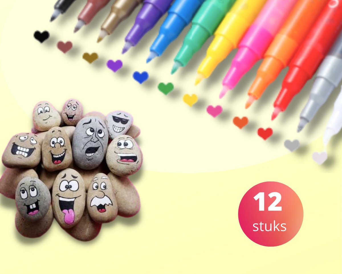 Acryl Stiften - Verfstiften  - Stiften - Happy Stones - 12 kleuren - Acrylverf - Merkloos
