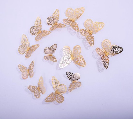 Cake topper decoratie vlinders of muur decoratie met plakkers 12 stuks goud - 3D vlinders - VL-03