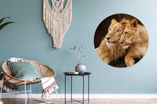 Wallpaper Circle - Lion - Hug - Stones - 100x100 cm - Wall Circle - Auto-adhésif - Wallpaper Sticker XXL