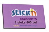 Memoblok Stick'n 76x127mm, neon paars, voordeelverpakking 6 stuks 600 memoblaadjes
