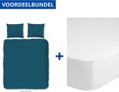 Luxe Dekbedovertrek Tweepersoons - Lits Jumeaux - 240x200/220cm - Inclusief 2 Kussenslopen - 100% Zacht Katoensatijn - Donker Petrol + Zachte Katoenen Hoeslaken -160x200cm - Wit